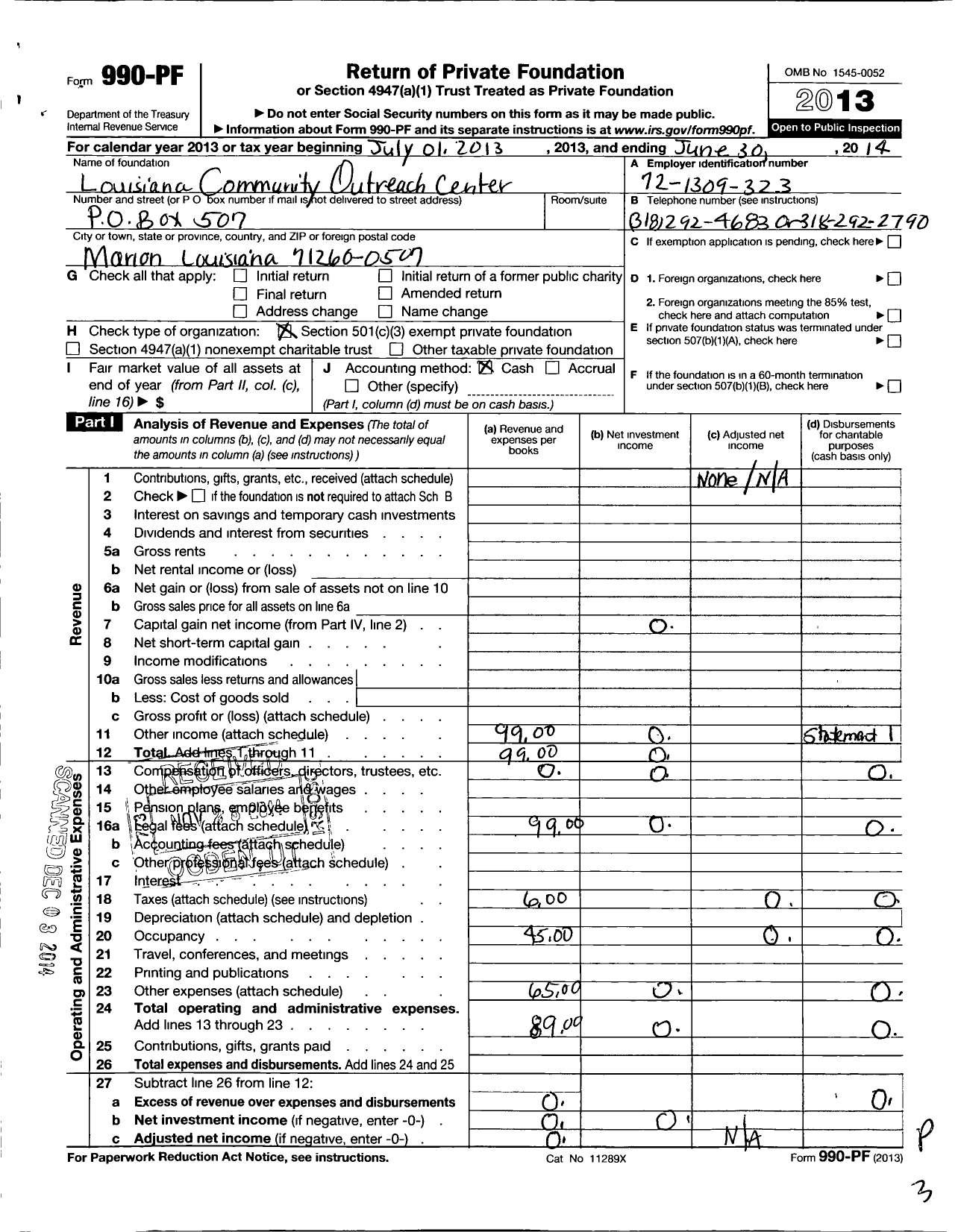 Image of first page of 2013 Form 990PF for Louisana Community Outreach Center