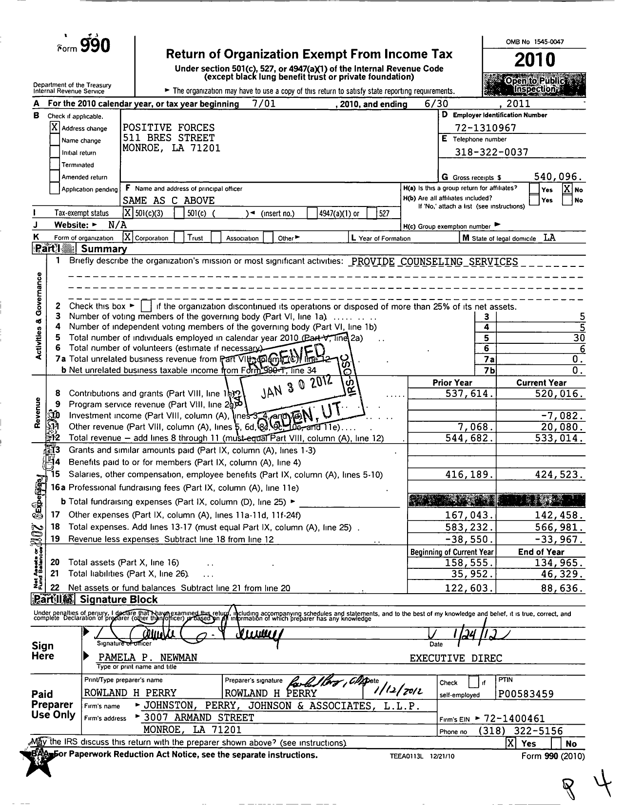 Image of first page of 2010 Form 990 for Positive Forces Counseling Network