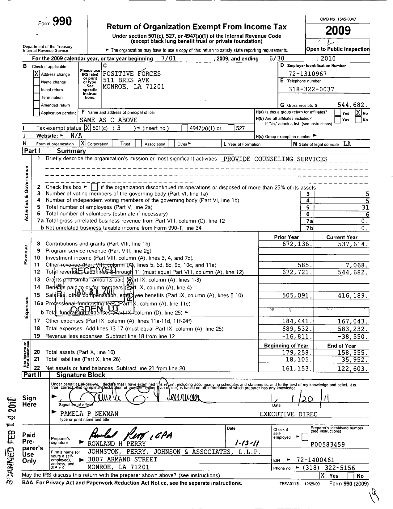 Image of first page of 2009 Form 990 for Positive Forces Counseling Network