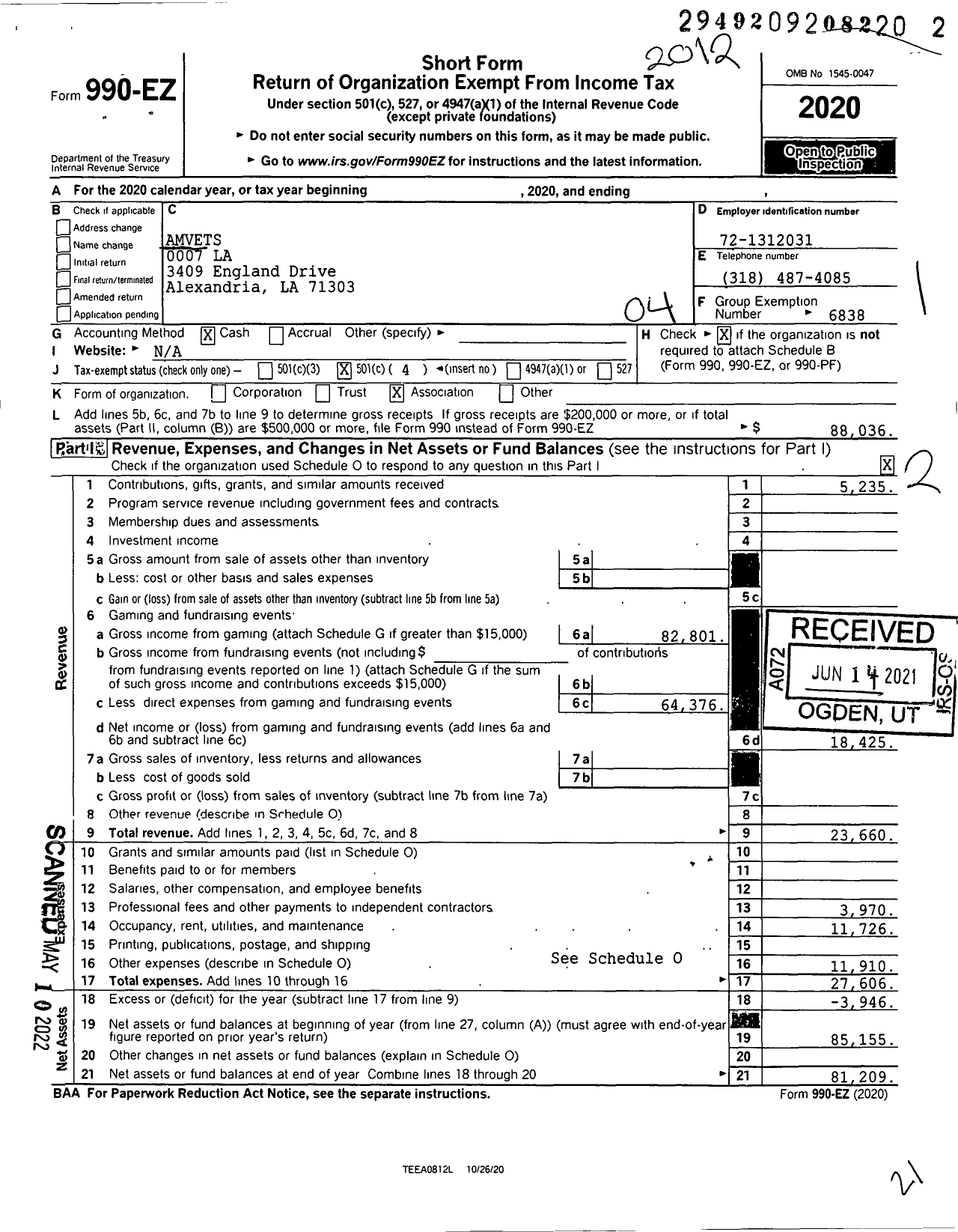 Image of first page of 2020 Form 990EO for Amvets - 0007 La