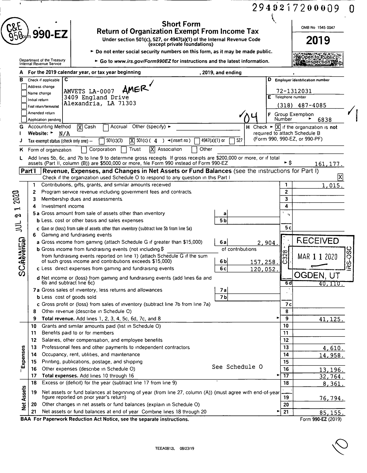 Image of first page of 2019 Form 990EO for Amvets - 0007 La