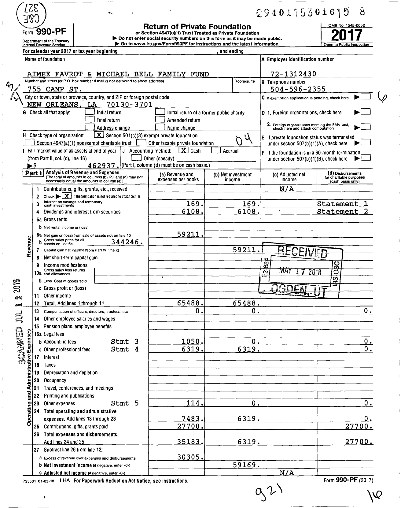 Image of first page of 2017 Form 990PF for Aimee Favrot and Michael Bell Family Fund