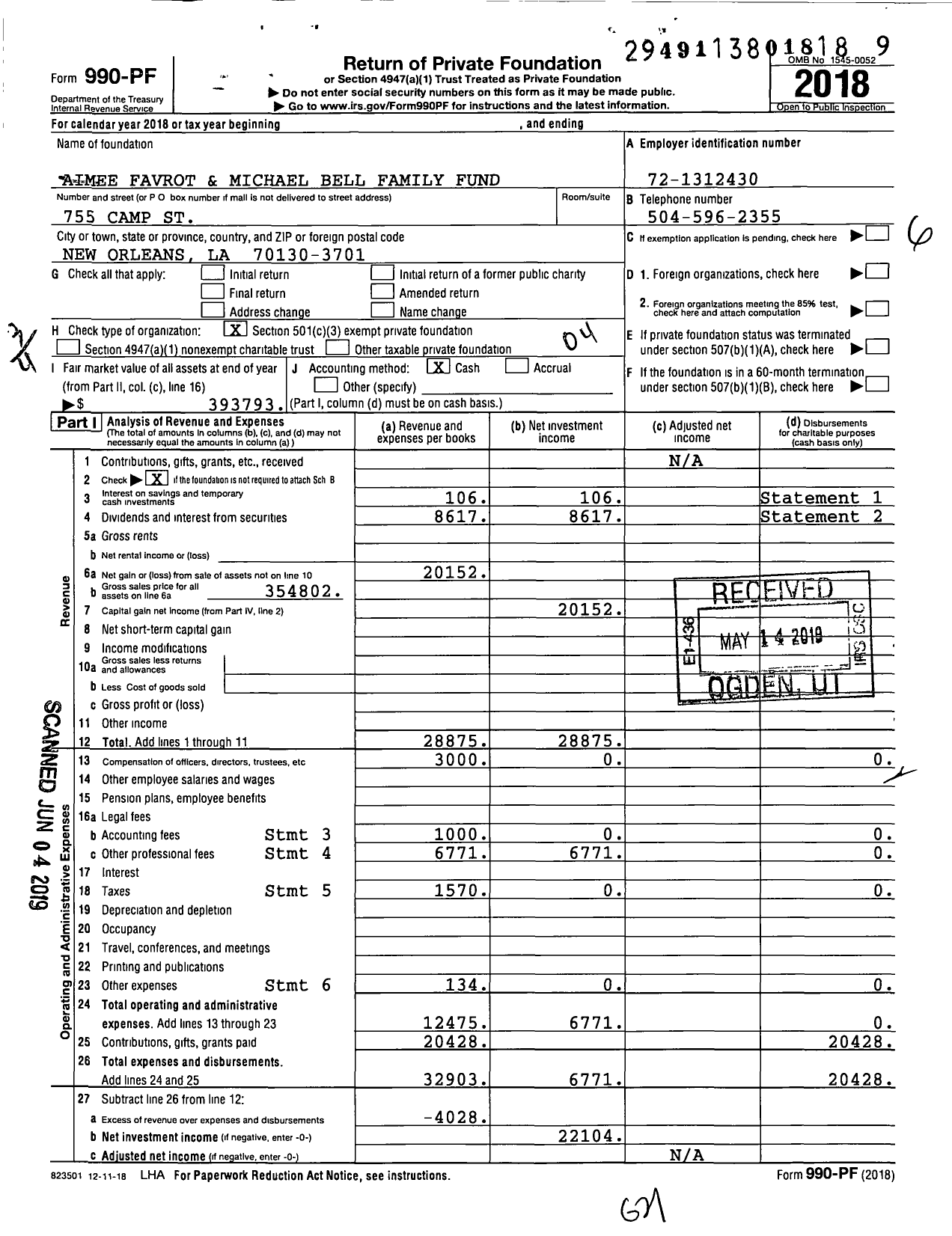 Image of first page of 2018 Form 990PF for Aimee Favrot and Michael Bell Family Fund