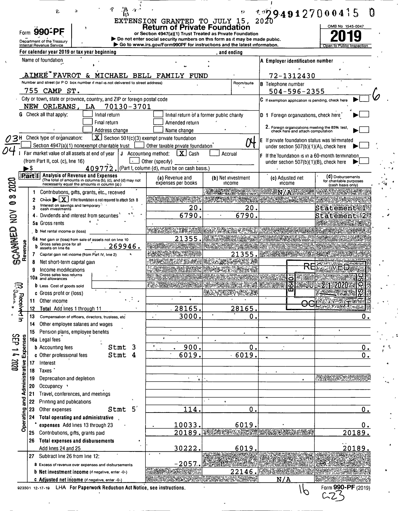 Image of first page of 2019 Form 990PF for Aimee Favrot and Michael Bell Family Fund