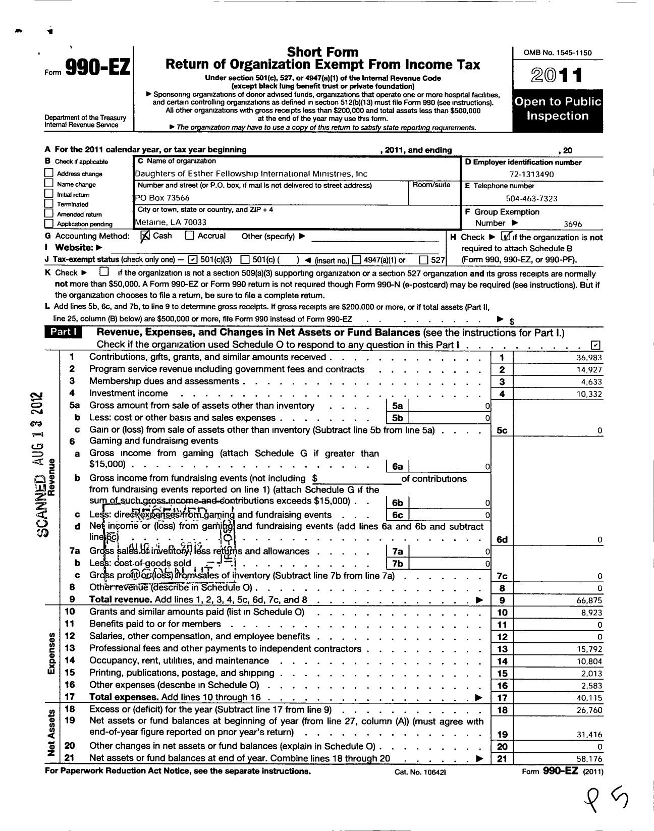 Image of first page of 2011 Form 990EZ for Daughters of Esther Fellowship International Ministries