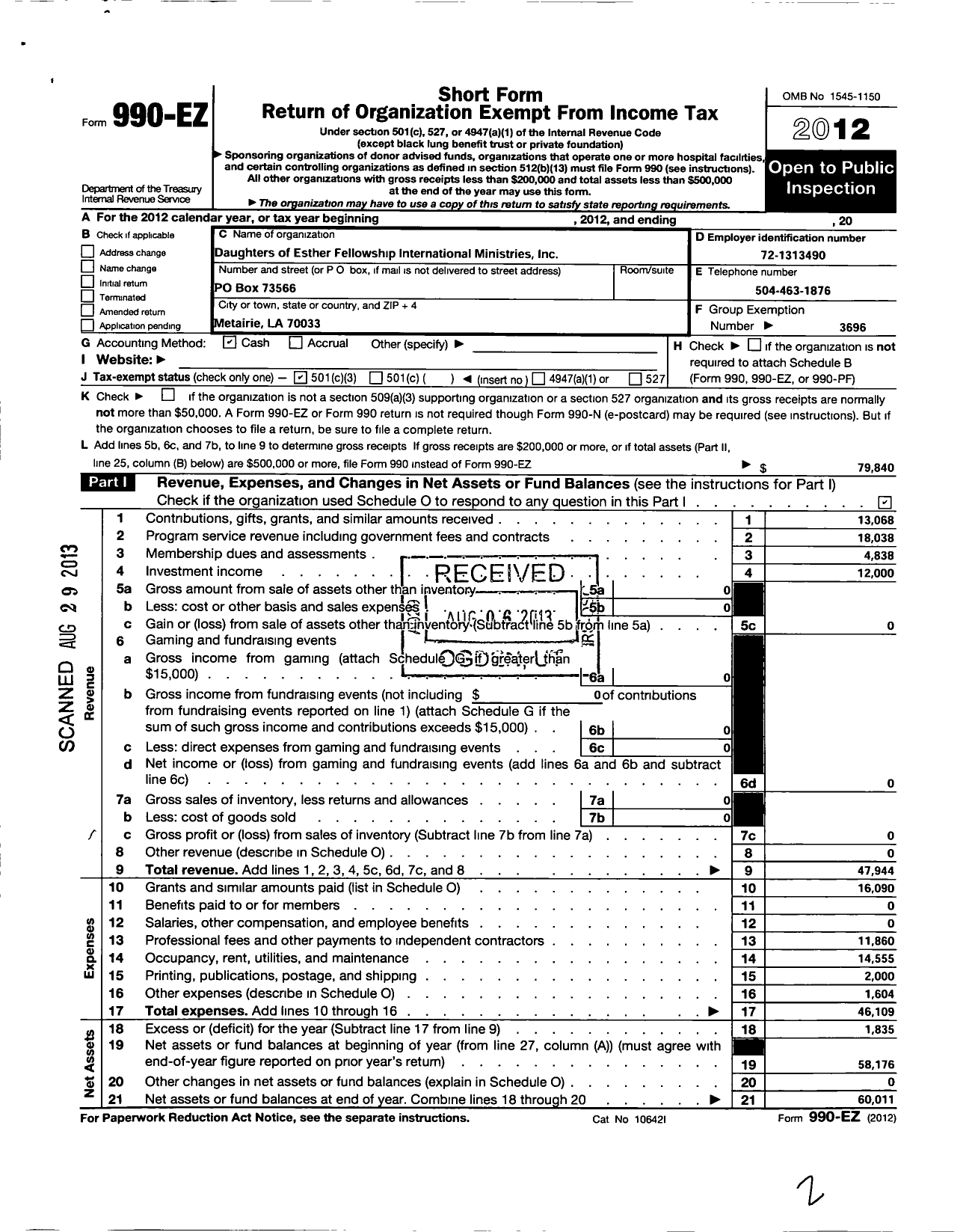 Image of first page of 2012 Form 990EZ for Daughters of Esther Fellowship International Ministries