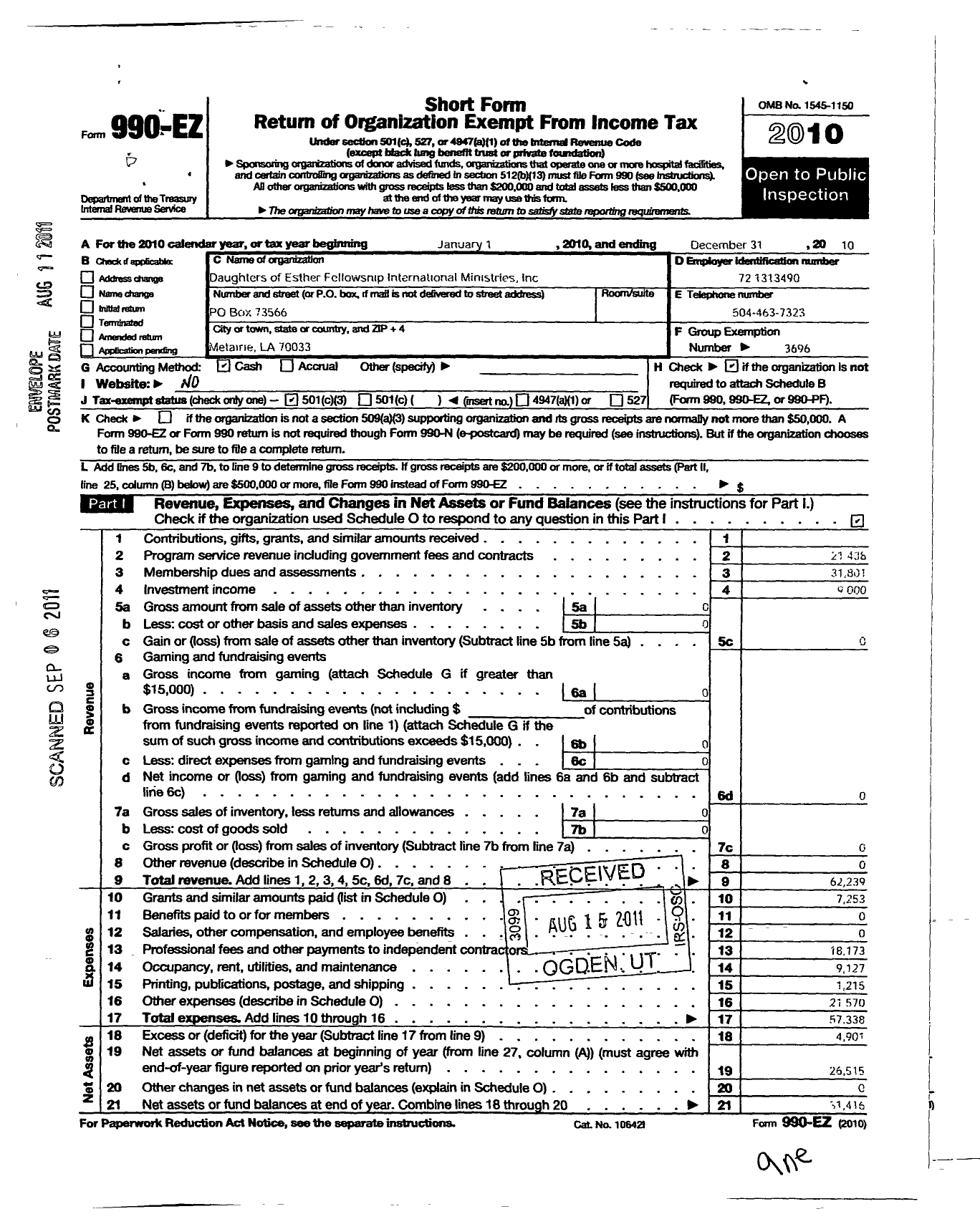 Image of first page of 2010 Form 990EZ for Daughters of Esther Fellowship International Ministries