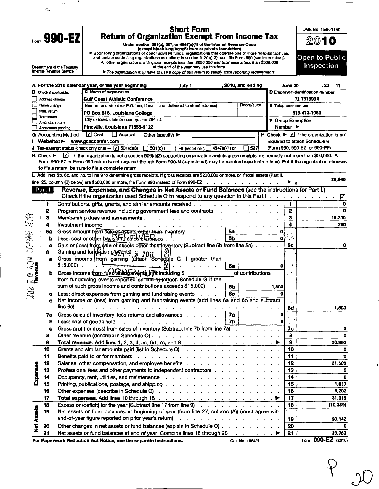 Image of first page of 2010 Form 990EZ for Gulf Coast Athletic Conference