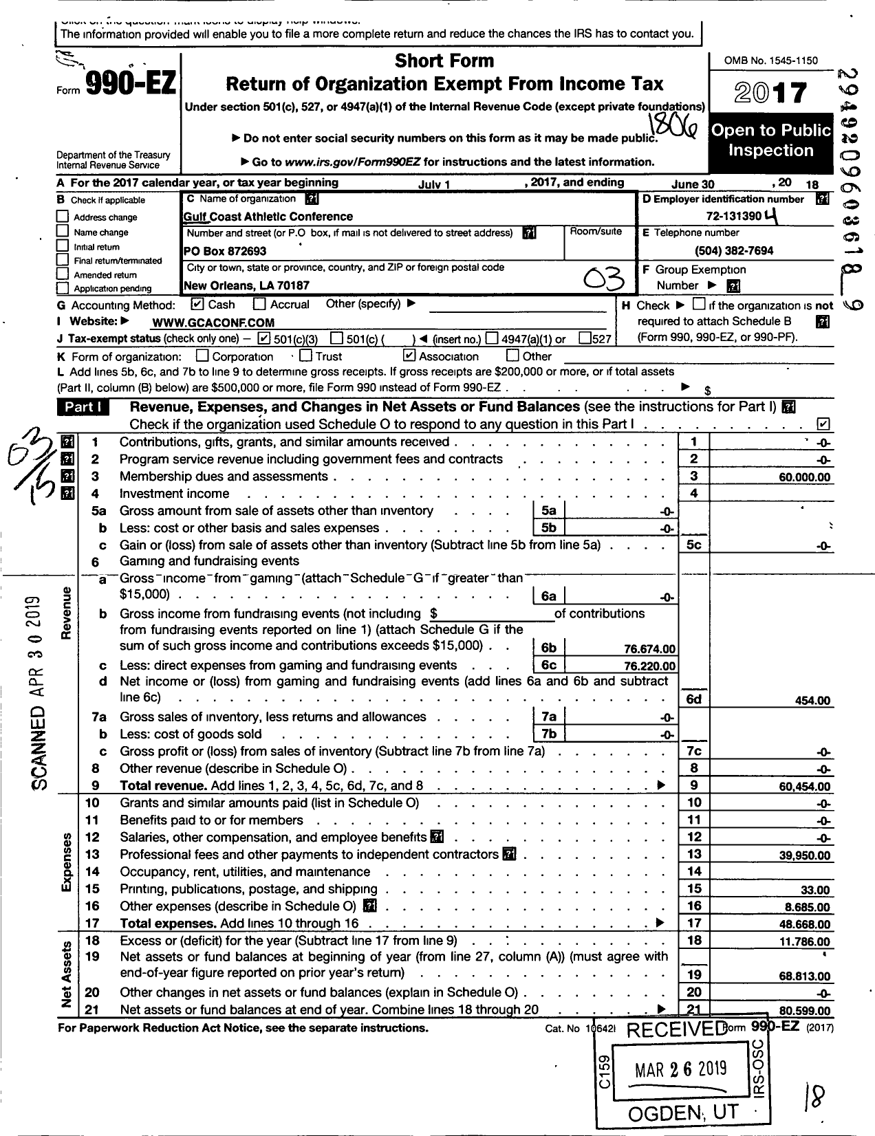 Image of first page of 2017 Form 990EZ for Gulf Coast Athletic Conference