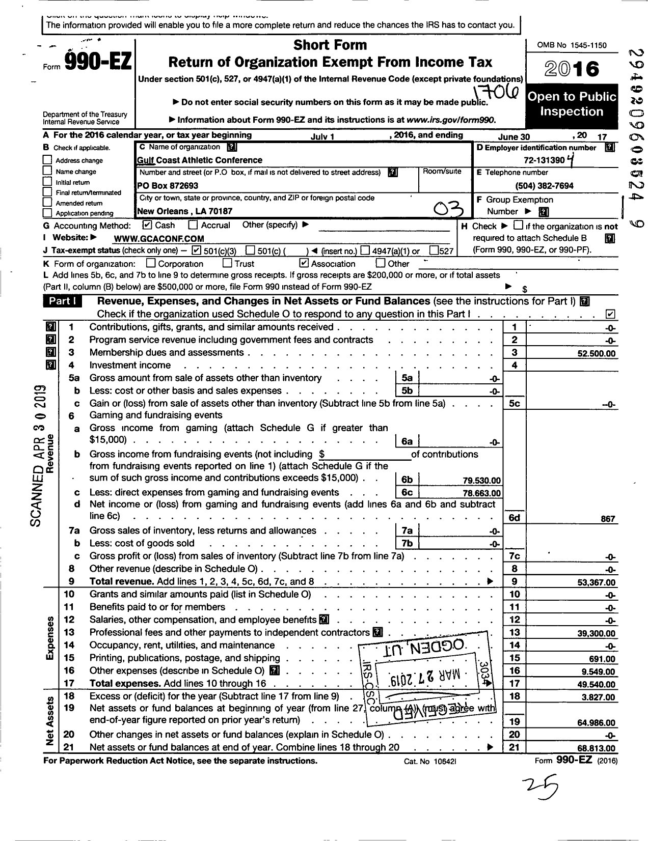 Image of first page of 2016 Form 990EZ for Gulf Coast Athletic Conference