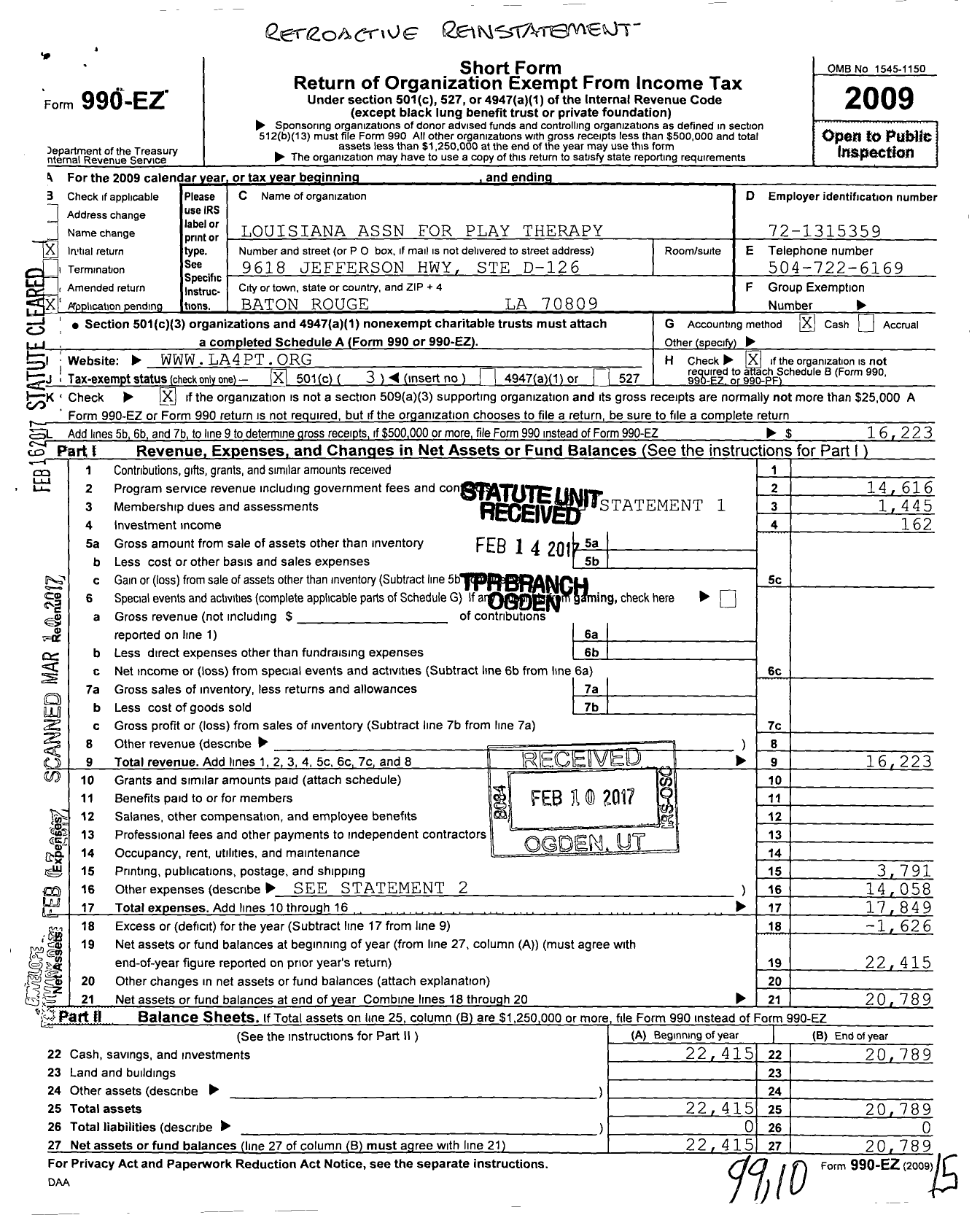 Image of first page of 2009 Form 990EZ for Louisiana Association for Play Therapy