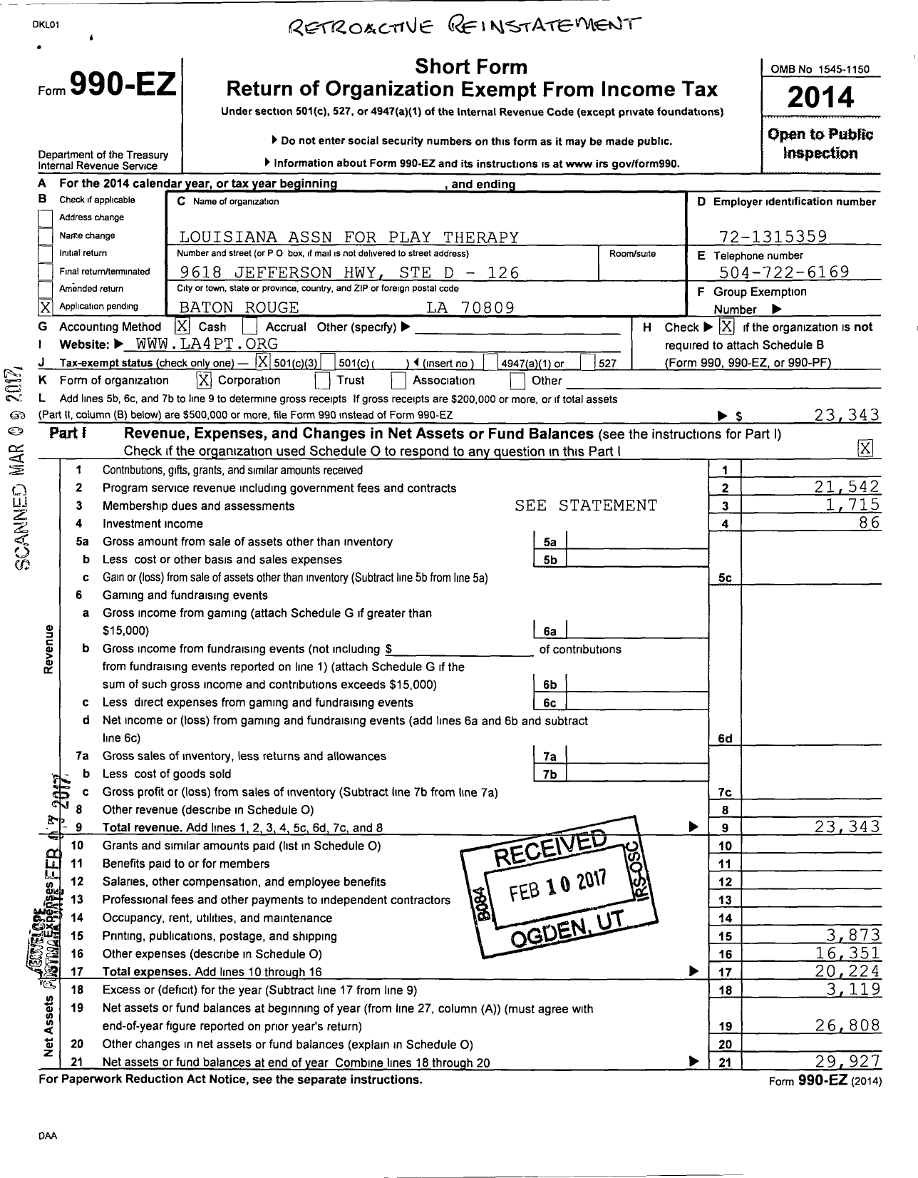 Image of first page of 2014 Form 990EZ for Louisiana Association for Play Therapy