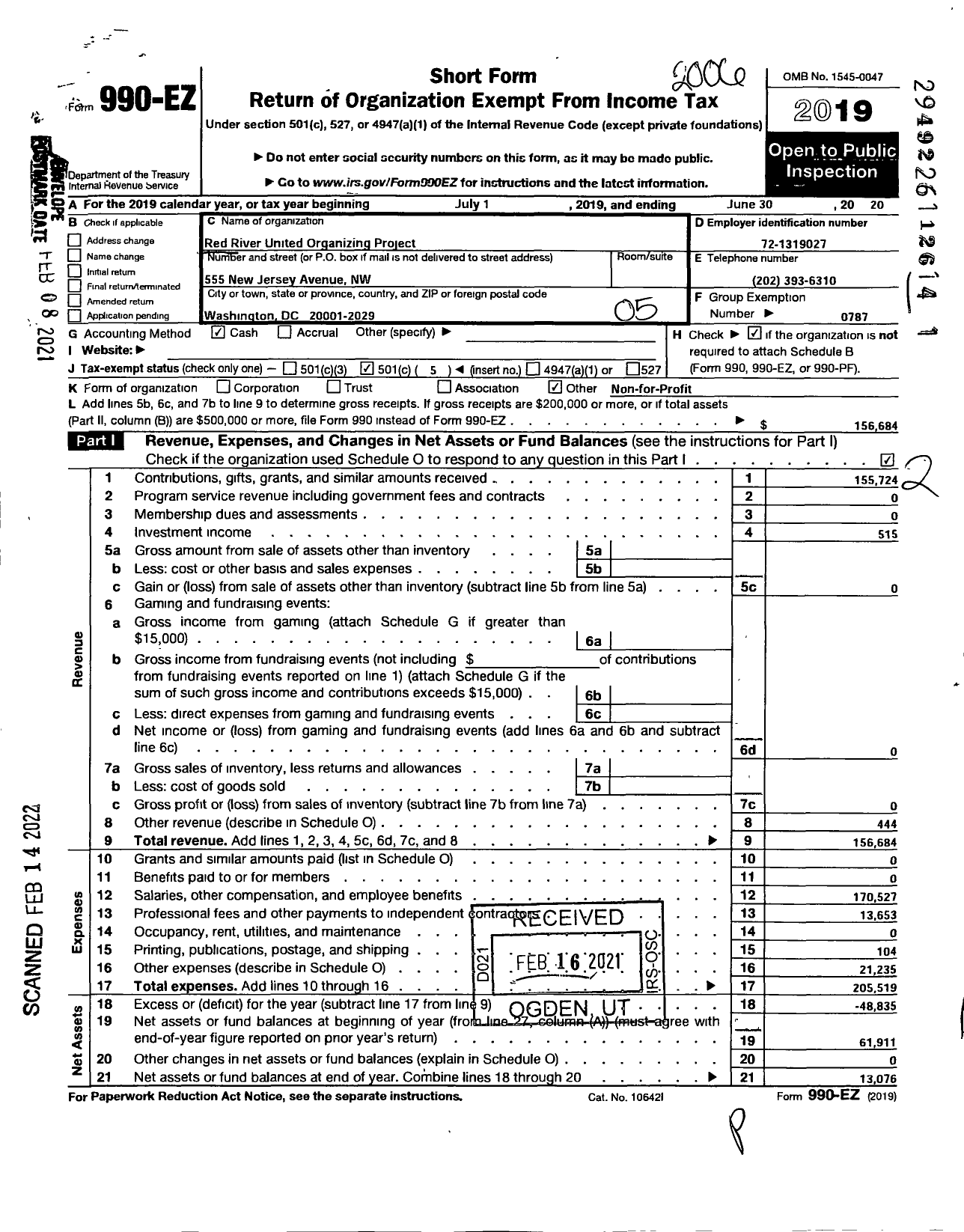 Image of first page of 2019 Form 990EO for American Federation of Teachers - Red River United Organizing Project