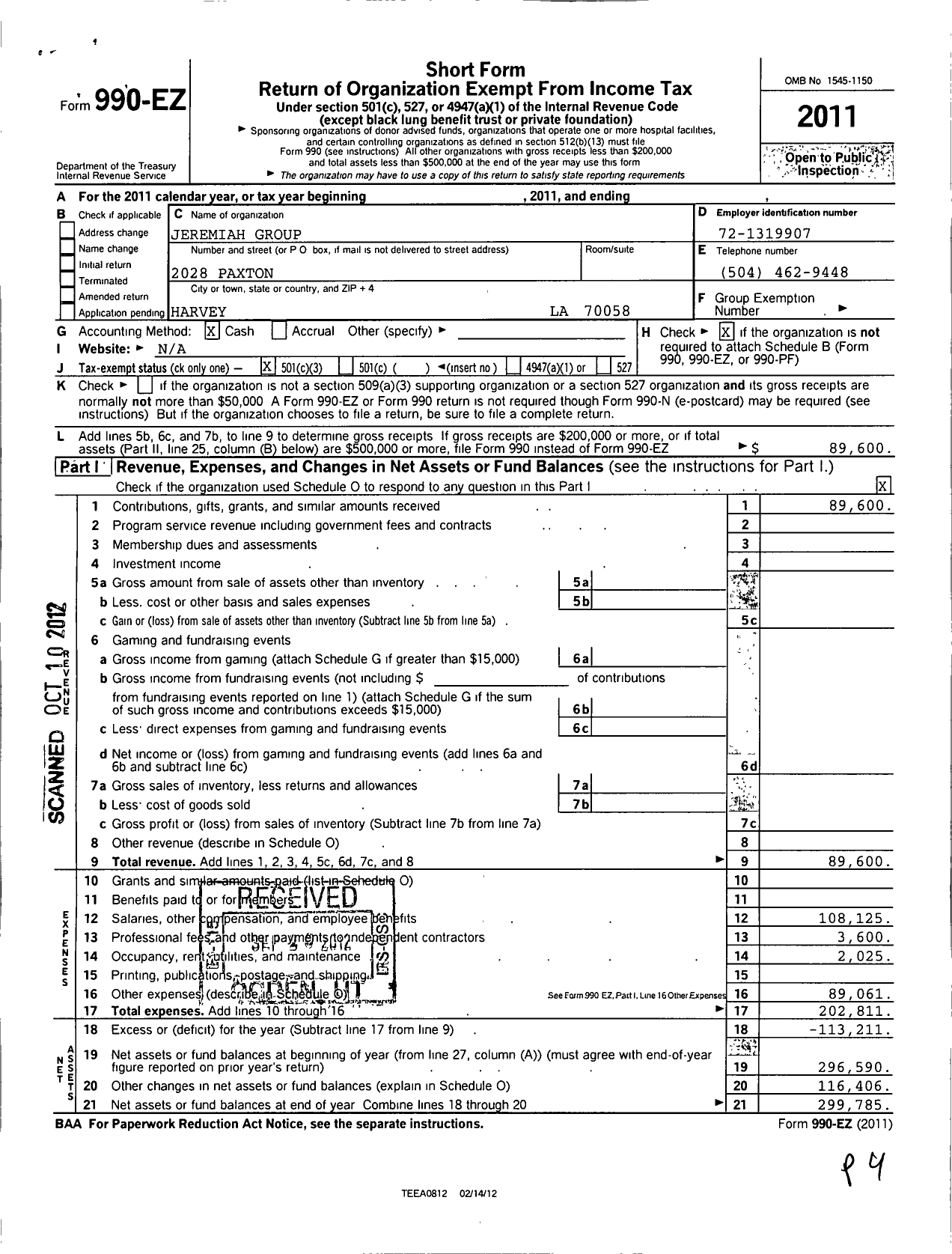 Image of first page of 2011 Form 990EZ for Jeremiah Group