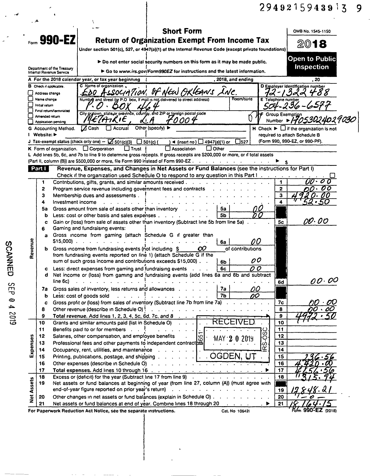 Image of first page of 2018 Form 990EZ for Edo Association of New Orleans