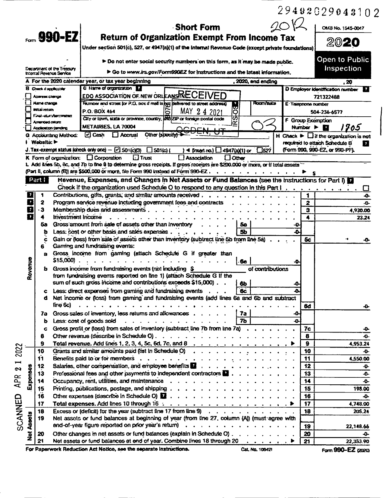 Image of first page of 2020 Form 990EZ for Edo Association of New Orleans