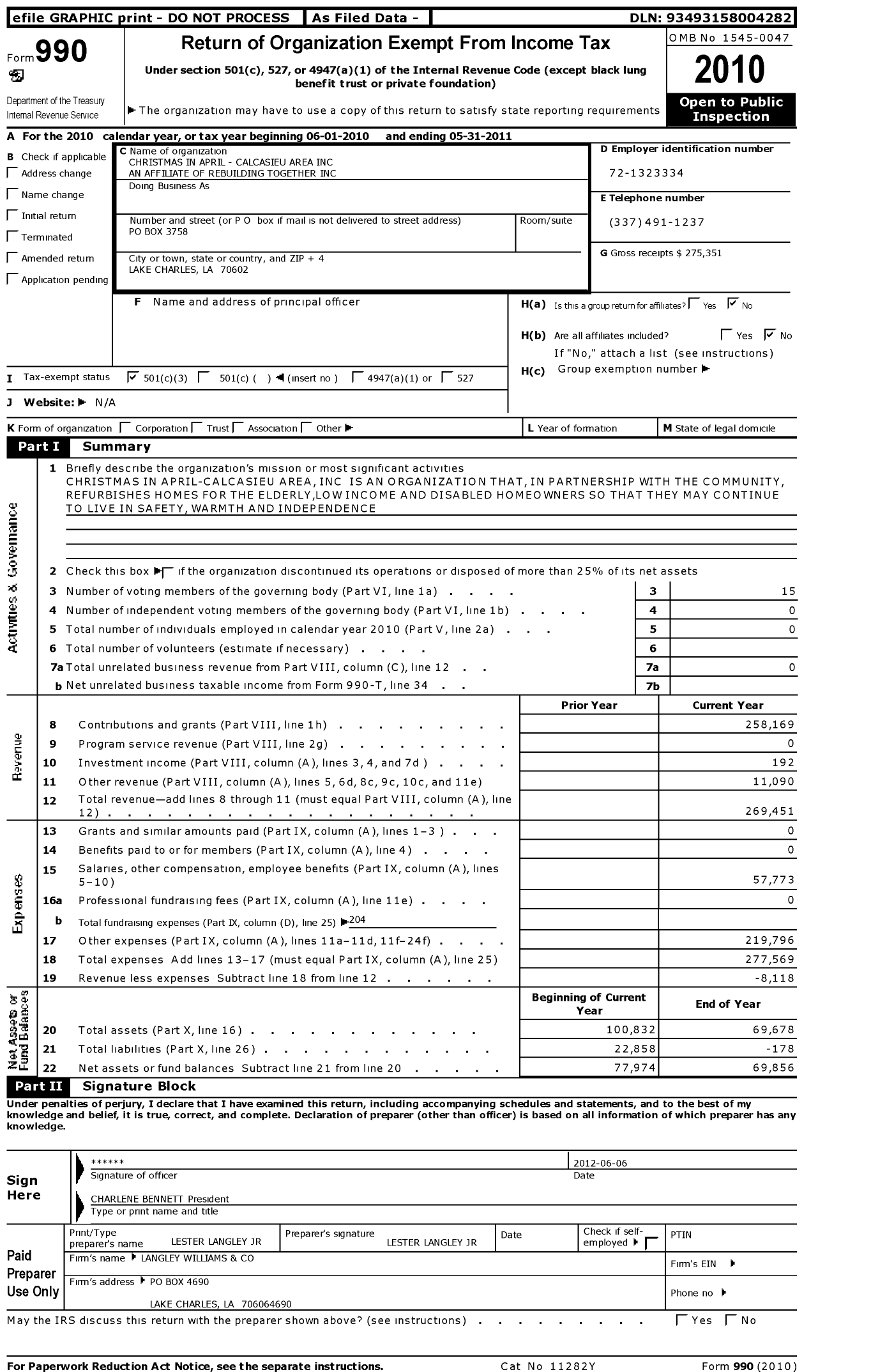 Image of first page of 2010 Form 990 for Christmas in April - Calcasieu Area An Affiliate of Rebuilding Together