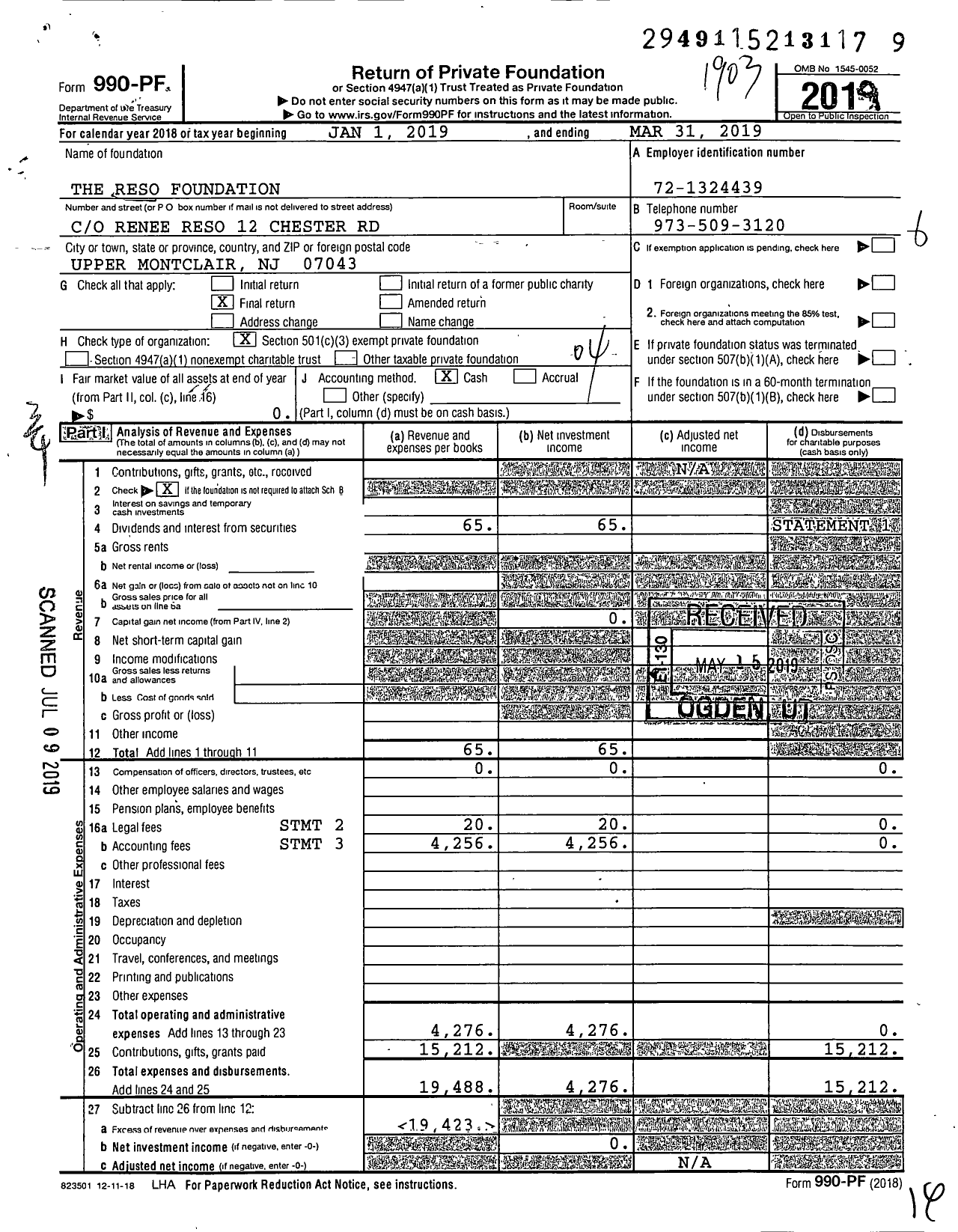 Image of first page of 2018 Form 990PF for The Reso Foundation