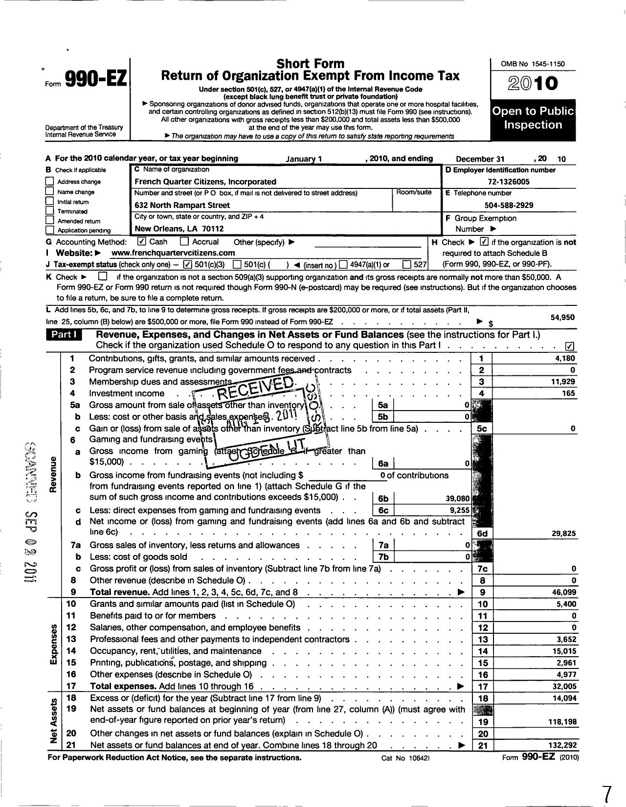 Image of first page of 2010 Form 990EZ for French Quarter Citizens