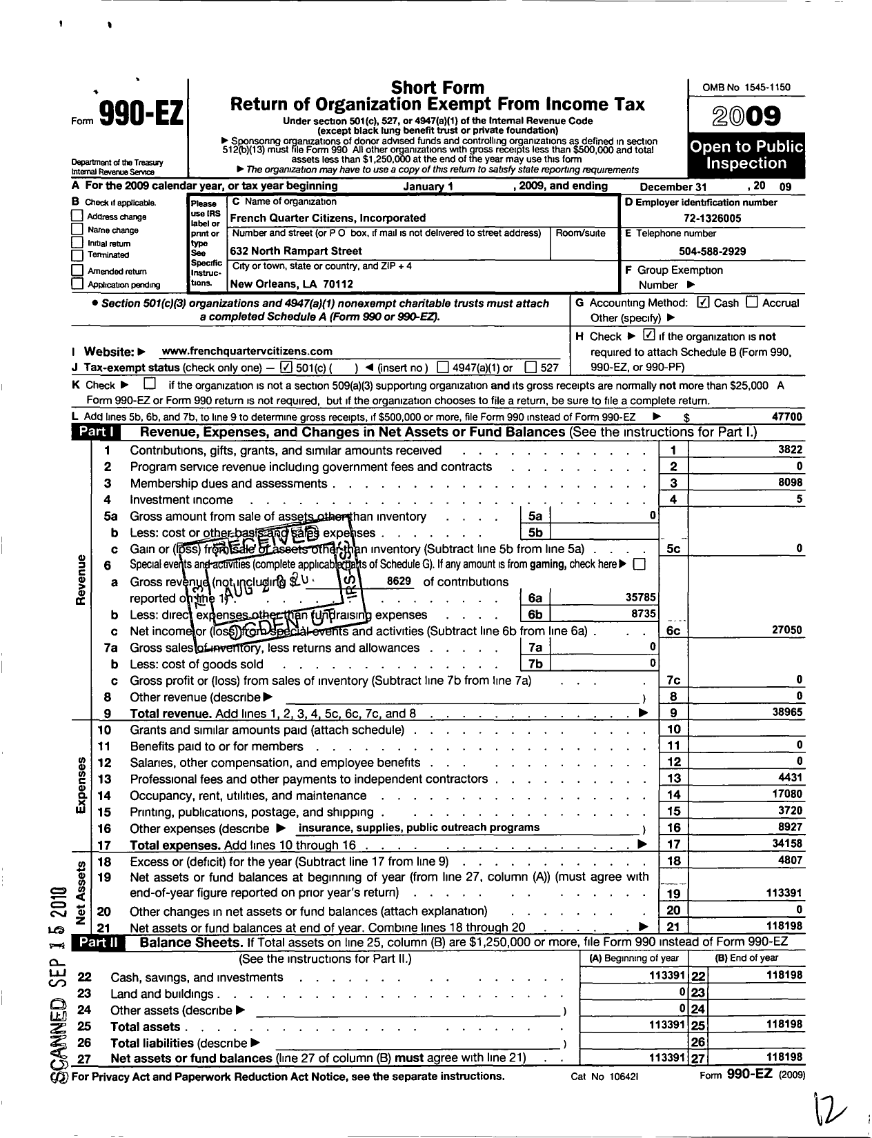 Image of first page of 2009 Form 990EO for French Quarter Citizens