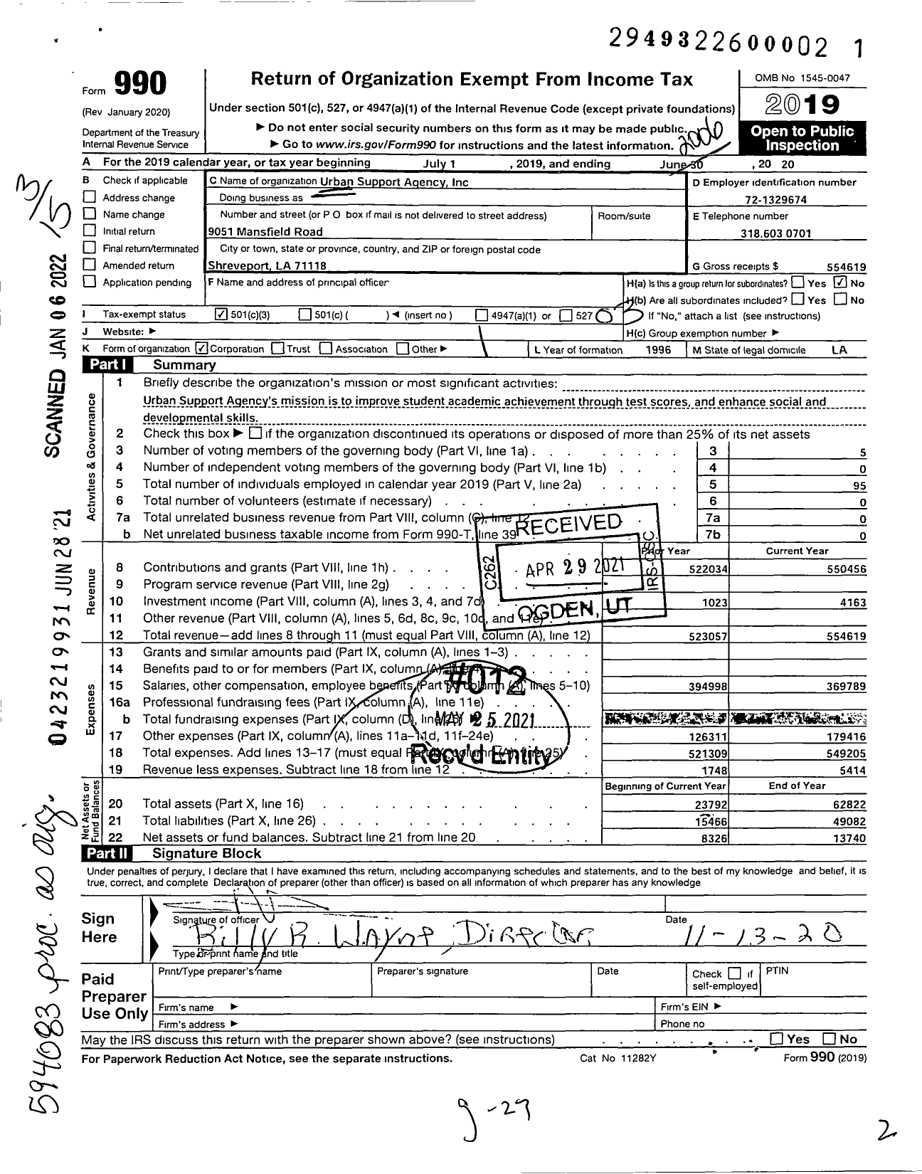 Image of first page of 2019 Form 990 for Urban Support Agency