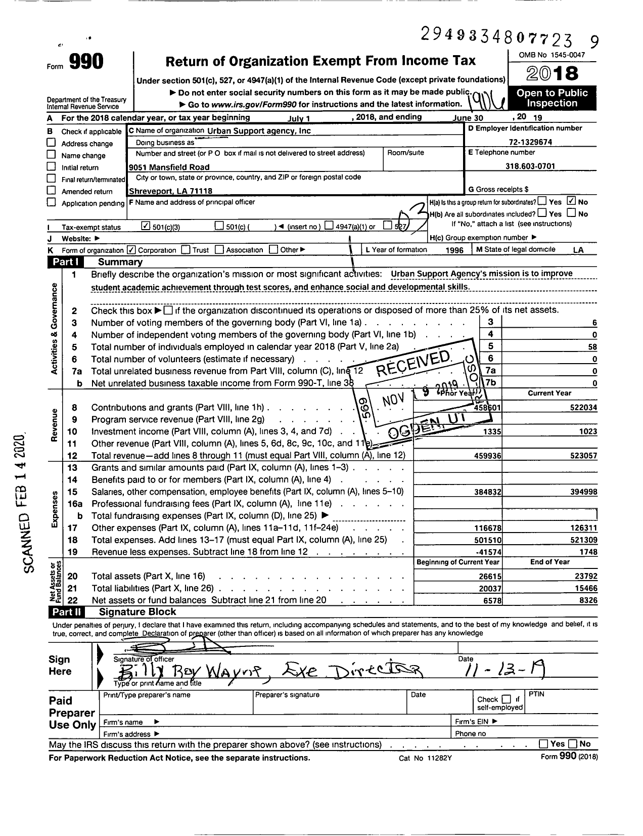 Image of first page of 2018 Form 990 for Urban Support Agency