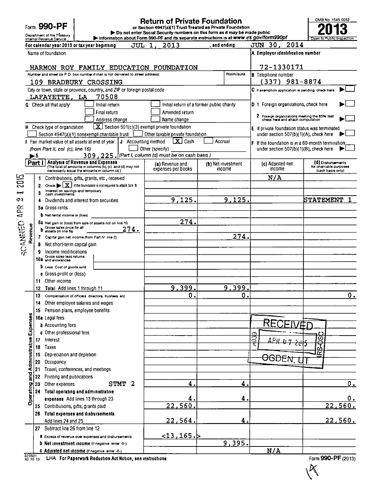 Image of first page of 2013 Form 990PF for Harmon Roy Family Education Foundation