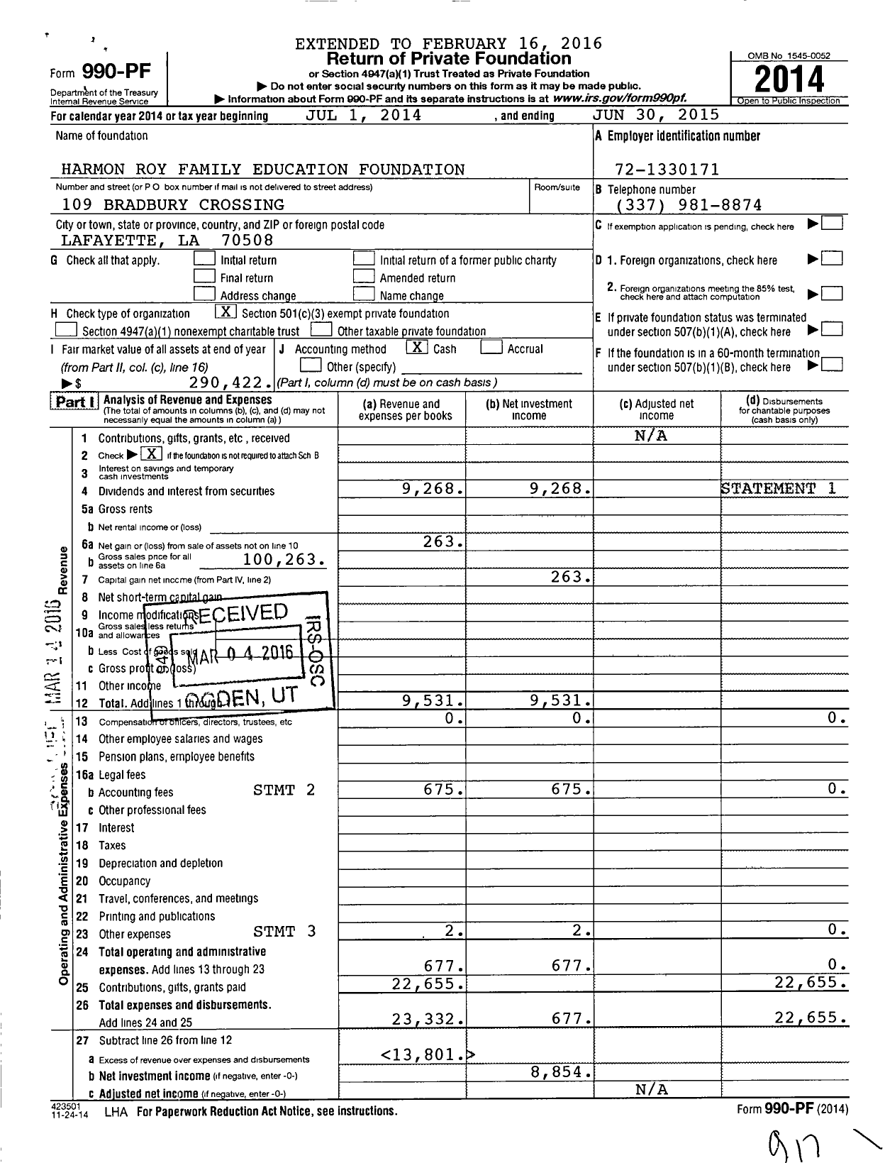 Image of first page of 2014 Form 990PF for Harmon Roy Family Education Foundation