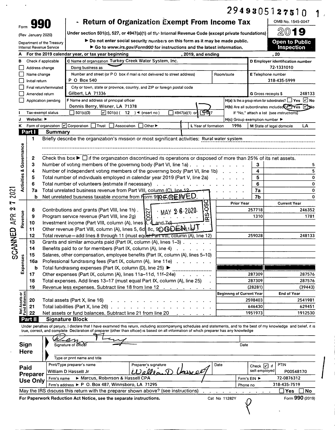 Image of first page of 2019 Form 990O for Turkey Creek Water System