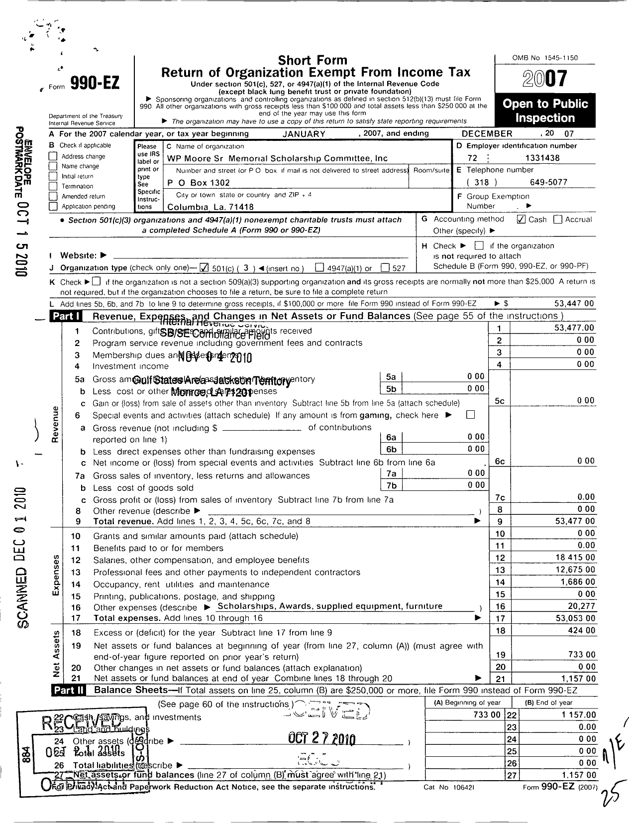 Image of first page of 2007 Form 990EZ for WP P Moore SR Memorial Scholarship Committee