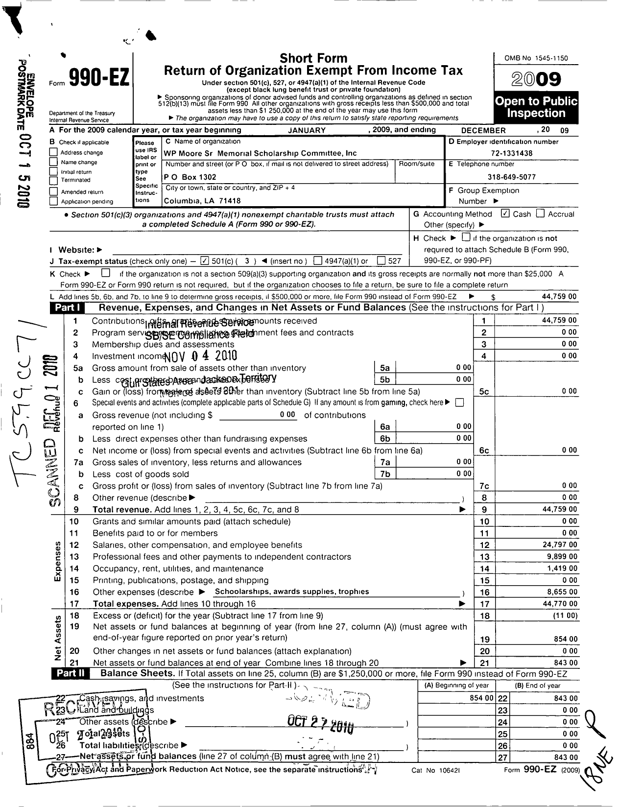 Image of first page of 2009 Form 990EZ for WP P Moore SR Memorial Scholarship Committee