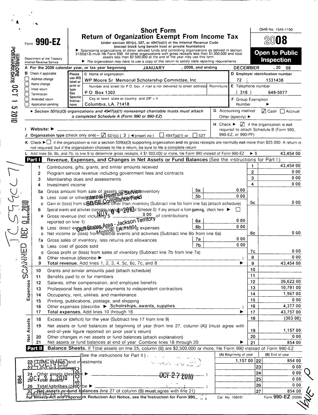 Image of first page of 2008 Form 990EZ for WP P Moore SR Memorial Scholarship Committee