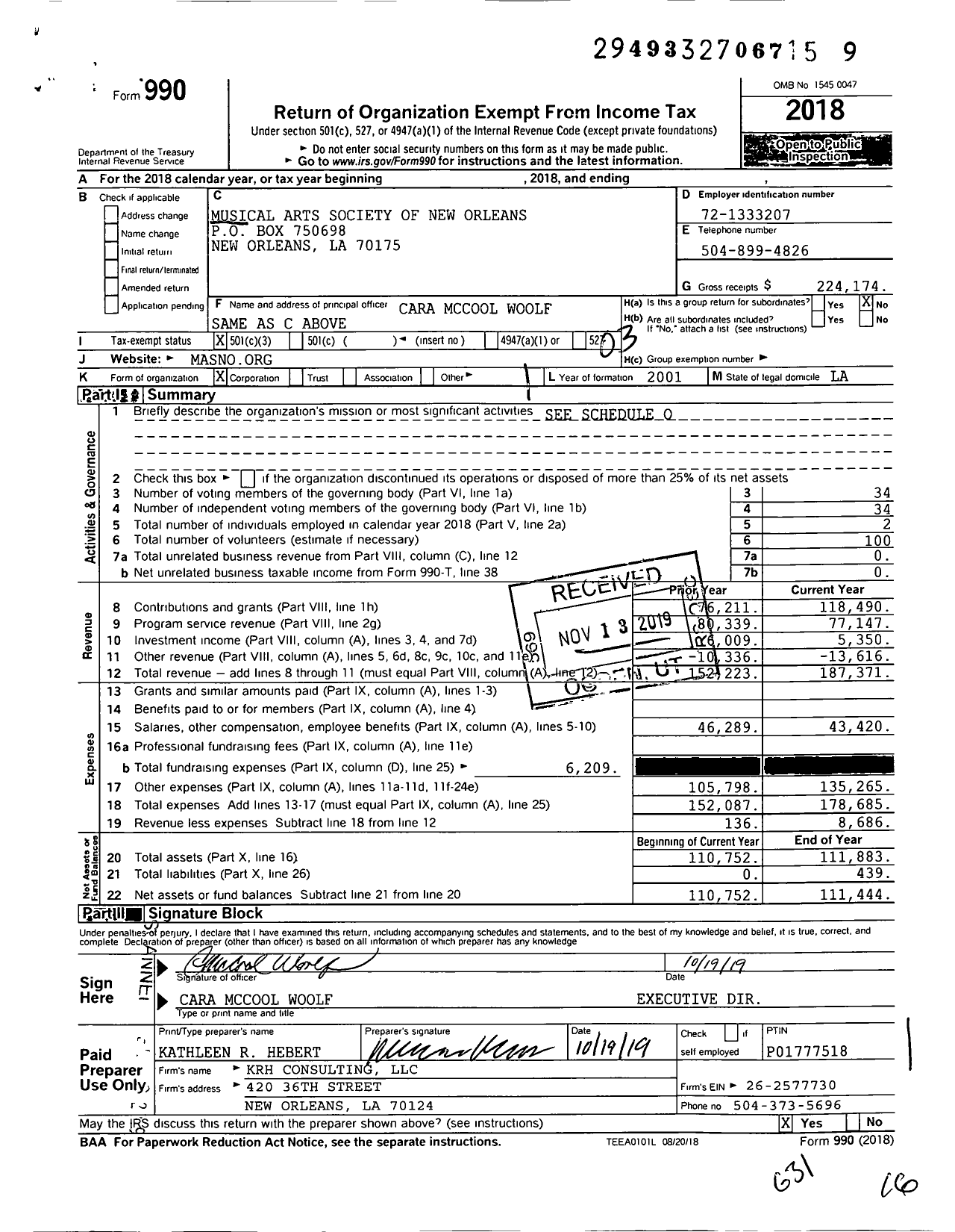 Image of first page of 2018 Form 990 for Musical Arts Society of New Orleans