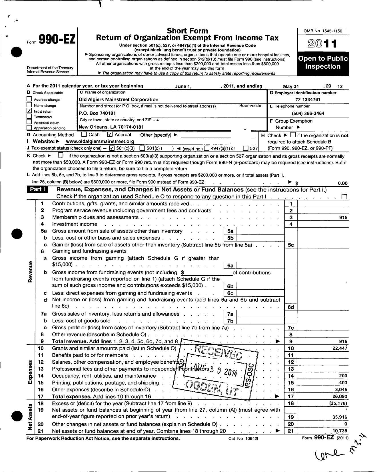 Image of first page of 2011 Form 990EZ for Old Algiers Main Street Corporation