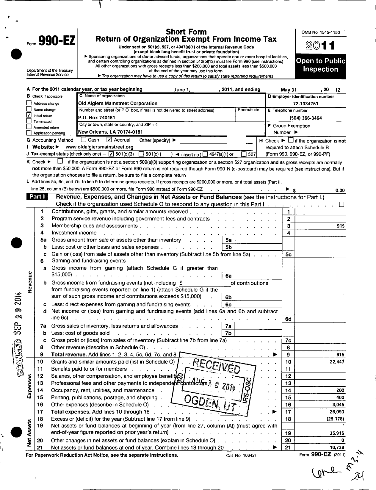 Image of first page of 2011 Form 990EZ for Old Algiers Main Street Corporation