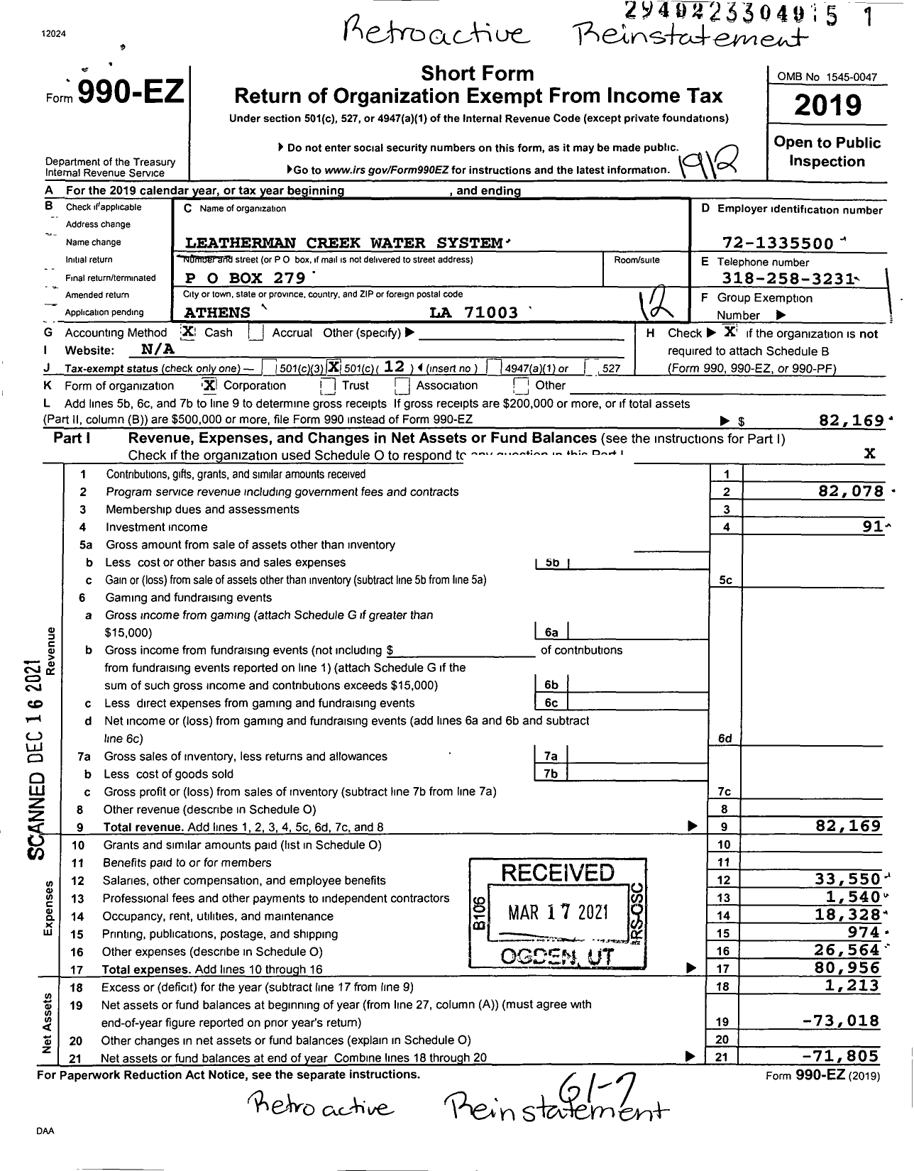 Image of first page of 2019 Form 990EO for Leatherman Creek Water System