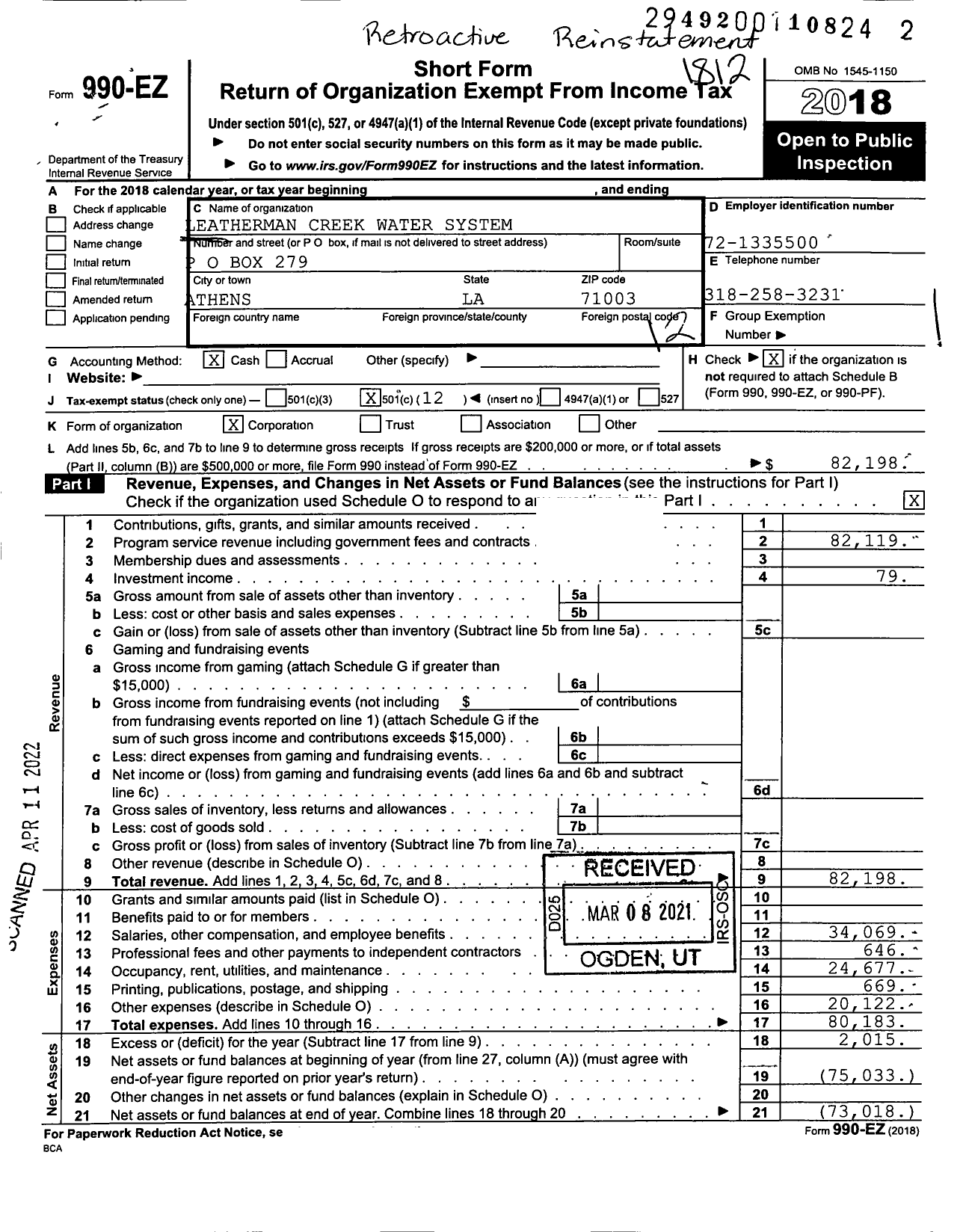 Image of first page of 2018 Form 990EO for Leatherman Creek Water System