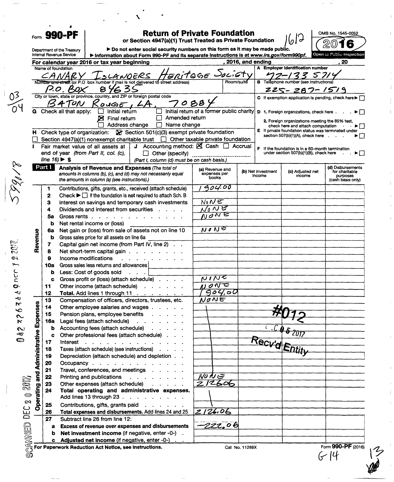 Image of first page of 2016 Form 990PF for Canary Islanders Heritage Society of Louisiana