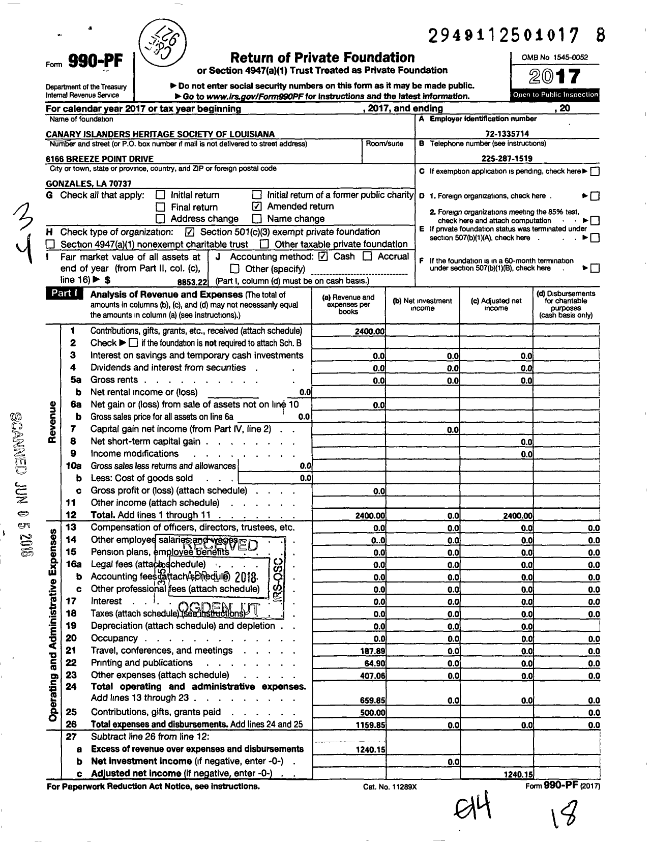 Image of first page of 2017 Form 990PF for Canary Islanders Heritage Society of Louisiana