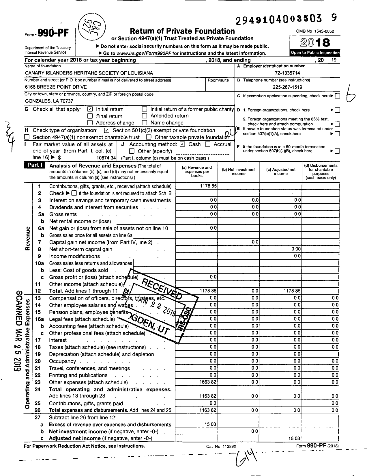 Image of first page of 2019 Form 990PF for Canary Islanders Heritage Society of Louisiana