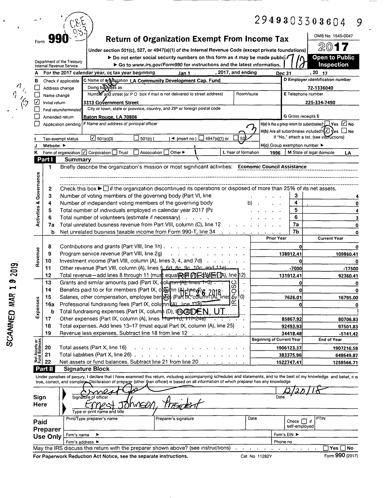 Image of first page of 2017 Form 990 for La Community Development Capital Fund