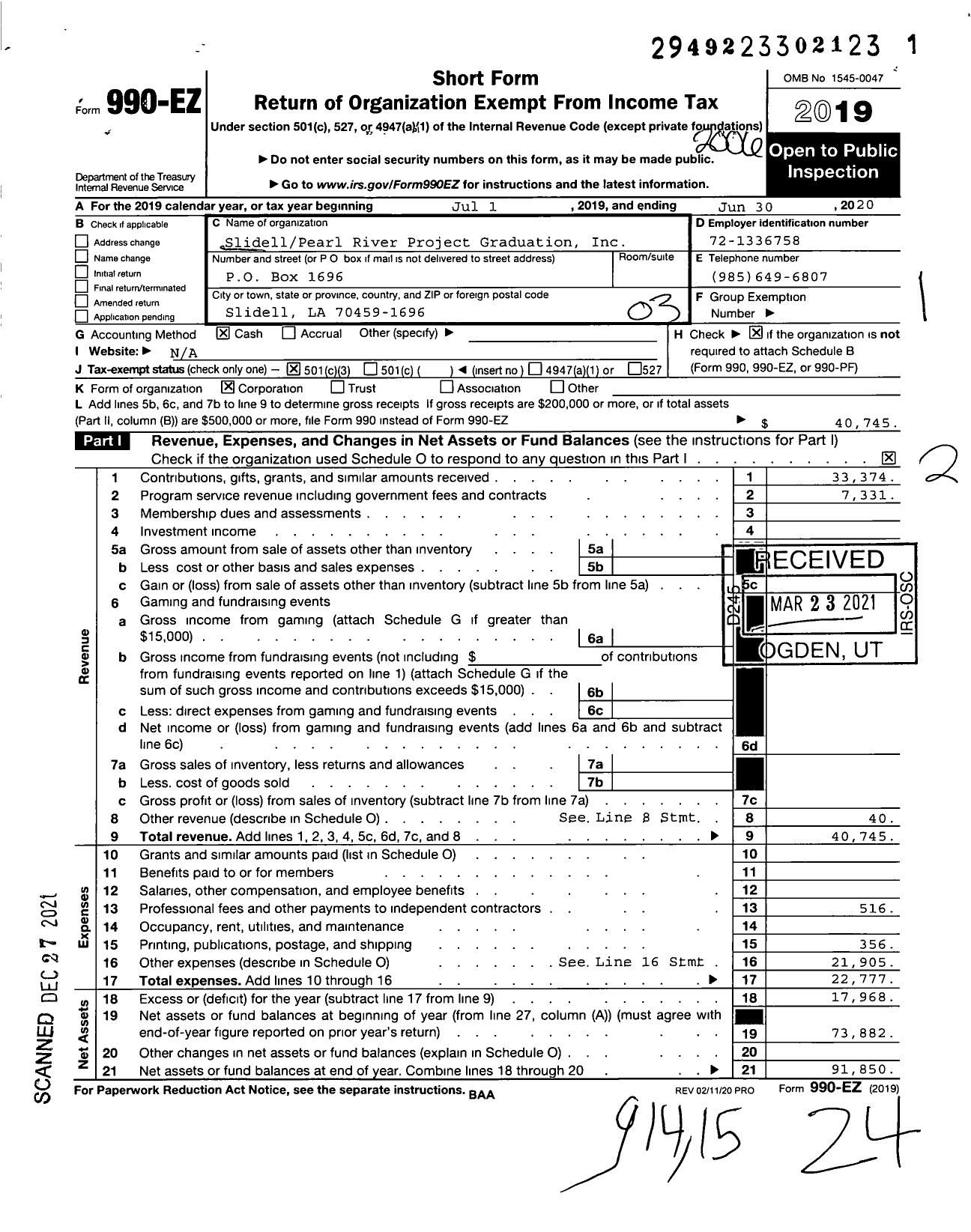 Image of first page of 2019 Form 990EZ for SlidellPearl River Project Graduation