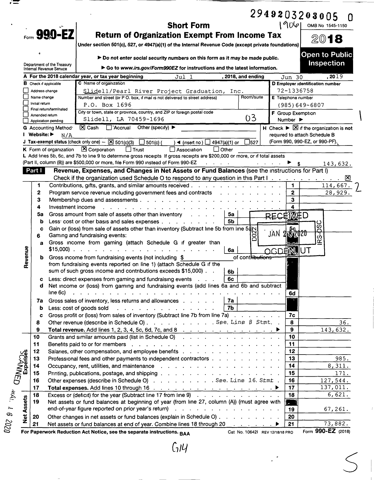 Image of first page of 2018 Form 990EZ for SlidellPearl River Project Graduation