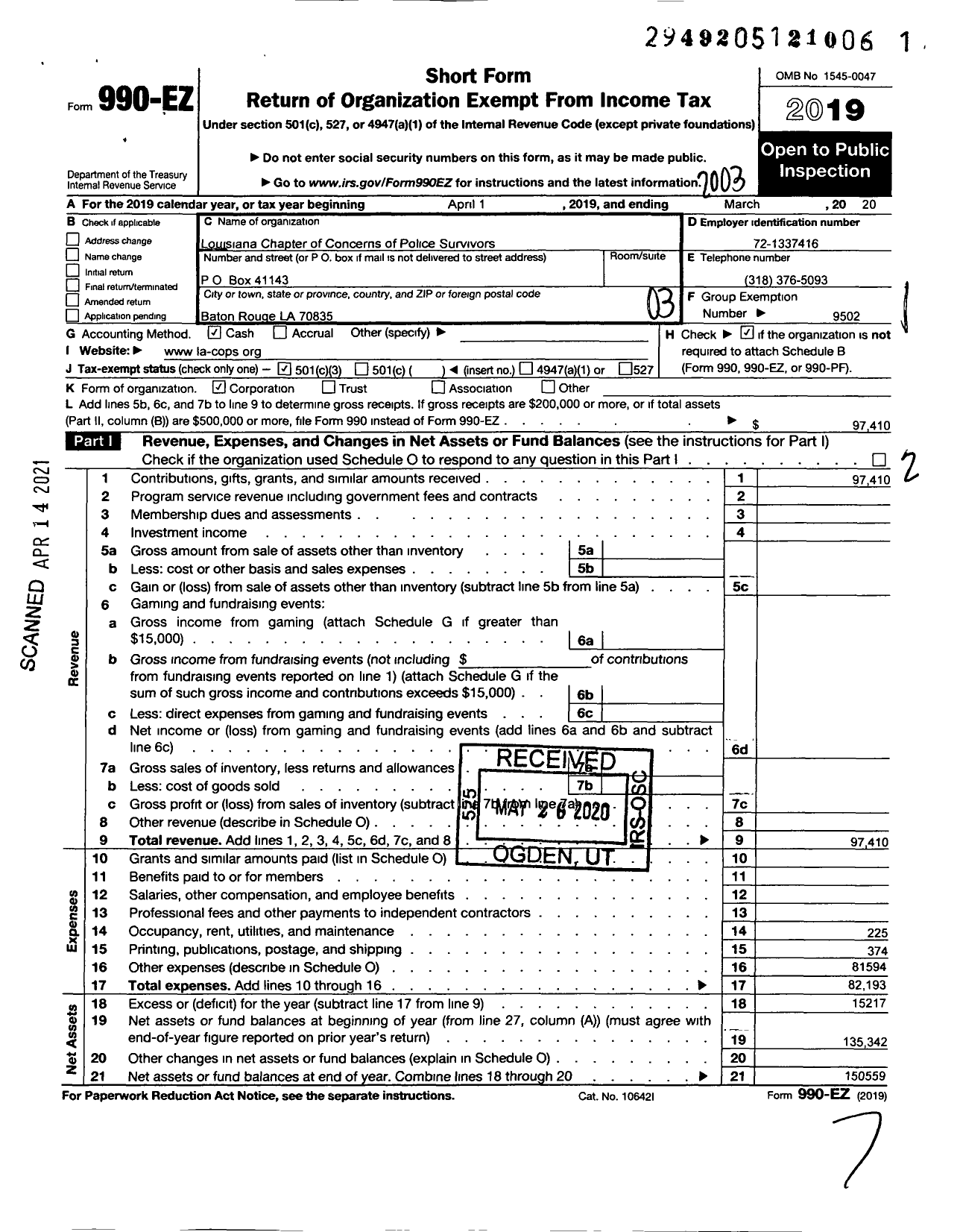 Image of first page of 2019 Form 990EZ for CONCERNS OF POLICE SURVIVORS / Louisiana Cops