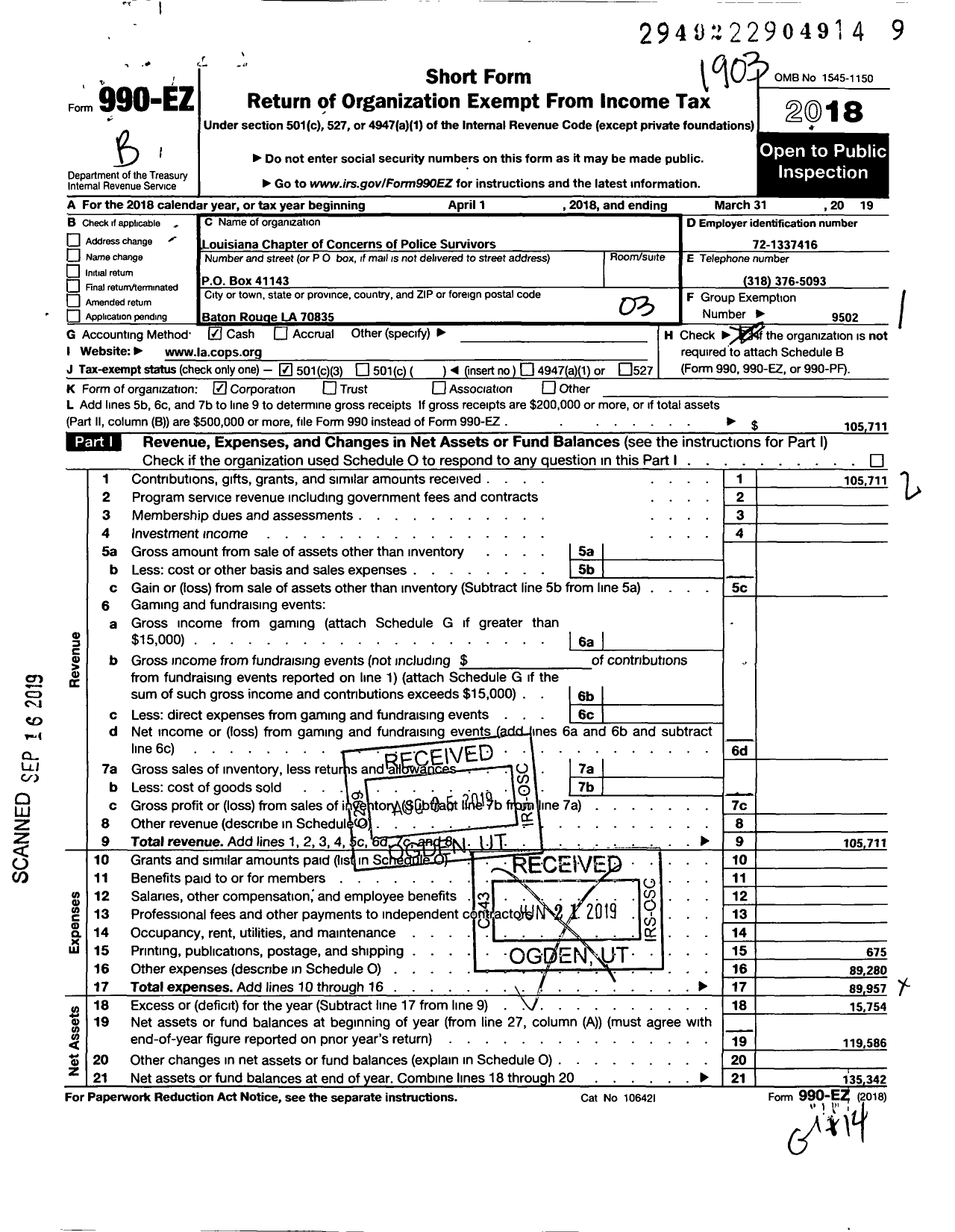 Image of first page of 2018 Form 990EZ for CONCERNS OF POLICE SURVIVORS / Louisiana Cops