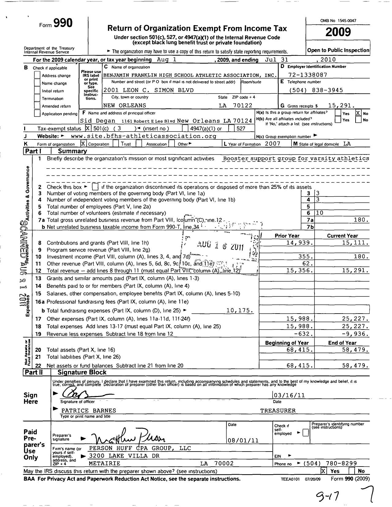 Image of first page of 2009 Form 990 for Benjamin Franklin High School Athletic Association