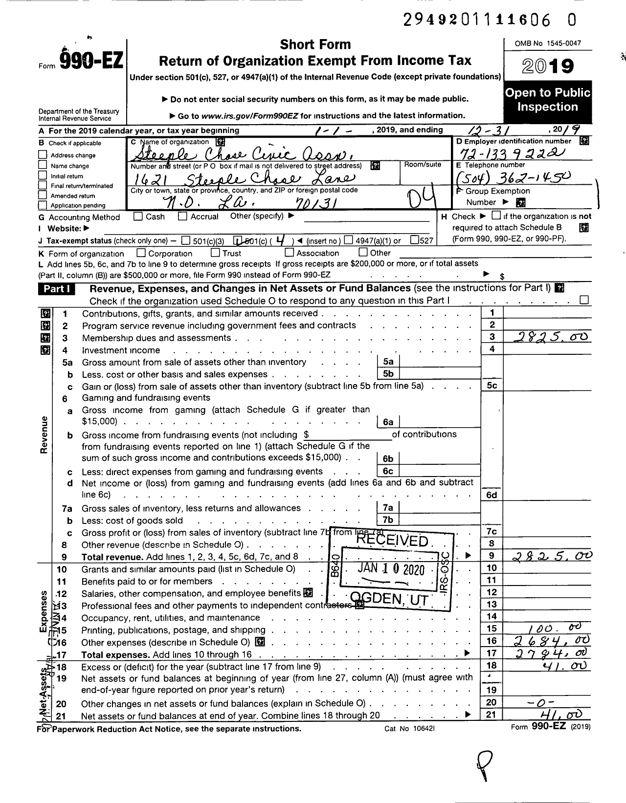 Image of first page of 2019 Form 990EO for Steeple Chase Debattista Pflace Civic Association