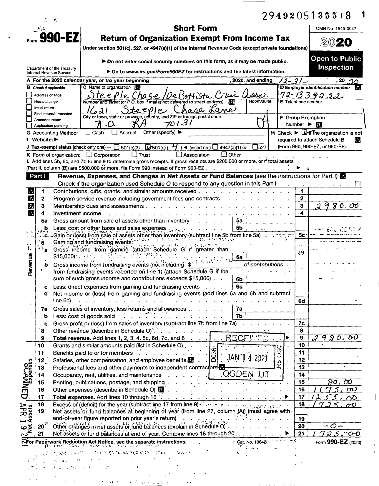 Image of first page of 2020 Form 990EO for Steeple Chase Debattista Pflace Civic Association