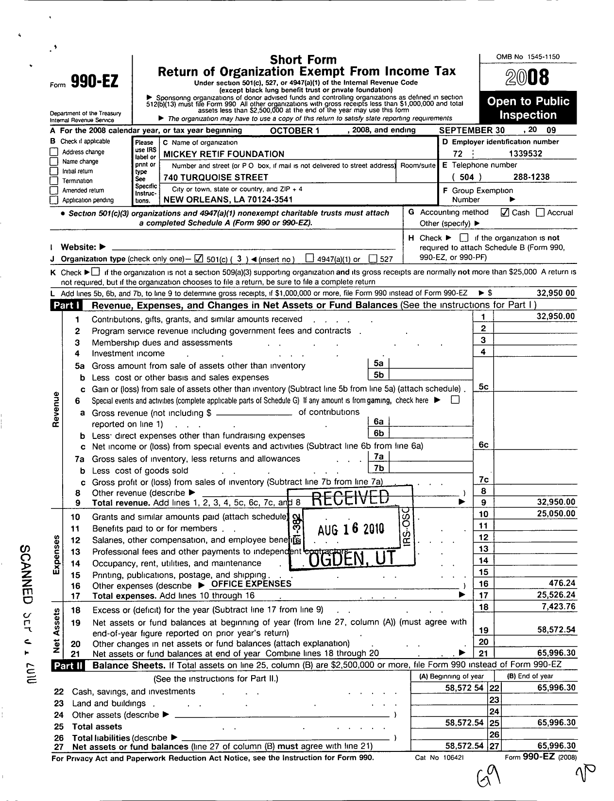 Image of first page of 2008 Form 990EZ for Mickey Retif Foundation