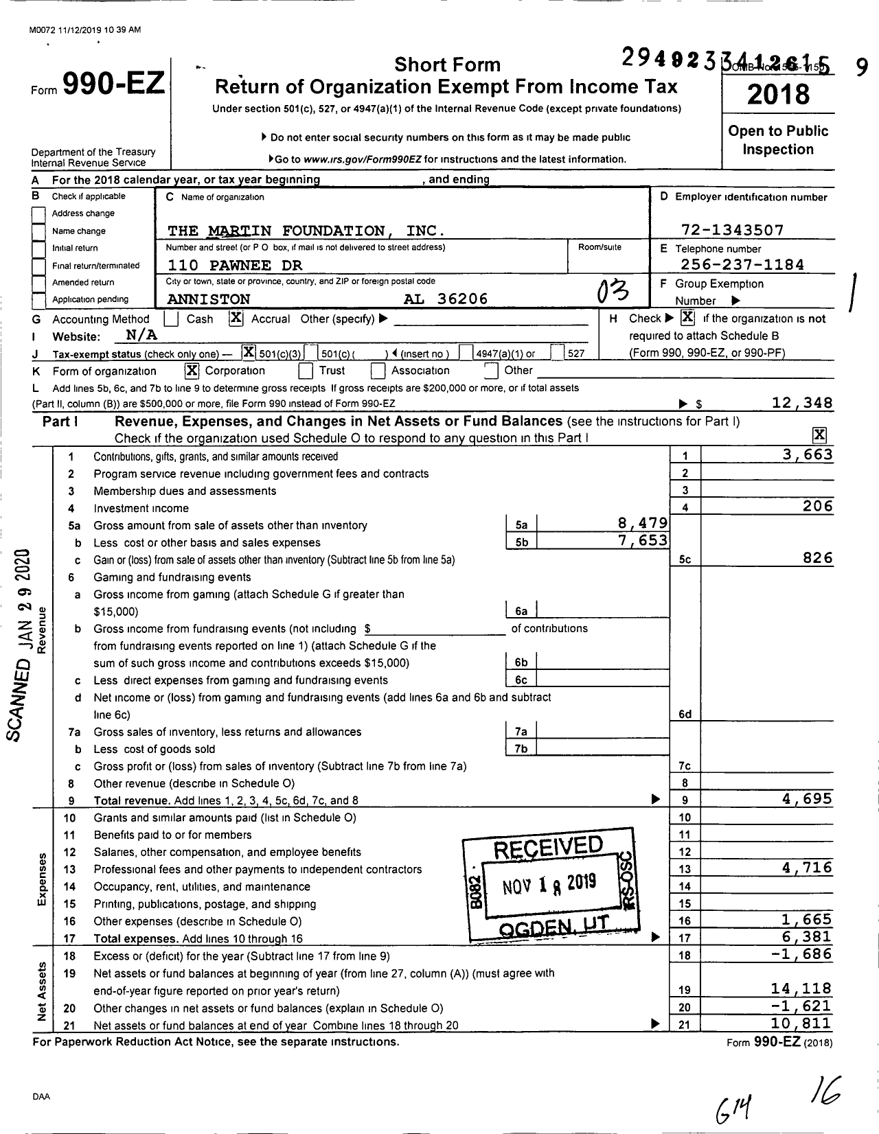 Image of first page of 2018 Form 990EZ for Martin Foundation